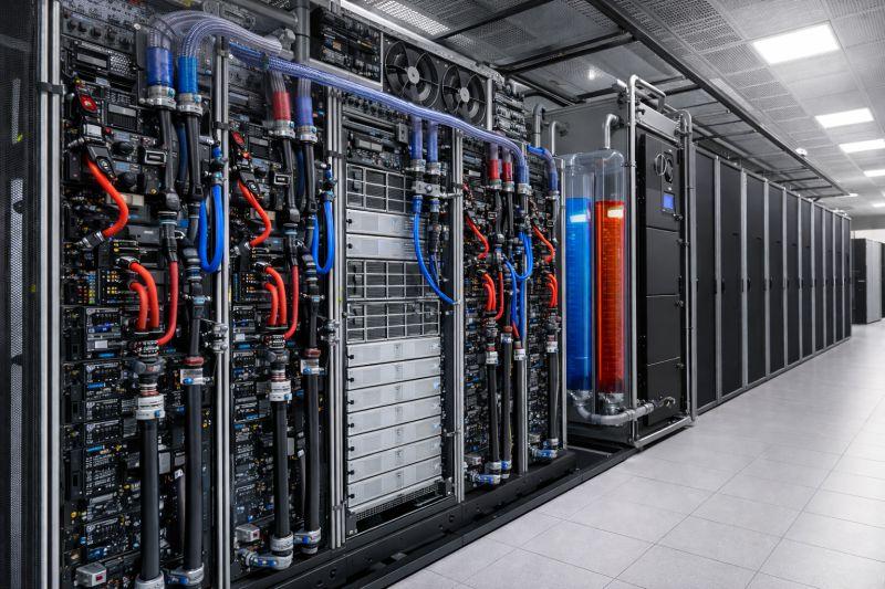 现代AI和HPC设施中典型的液体冷却架构，展示了CDU、冷却软管和服务器机架之间的关系