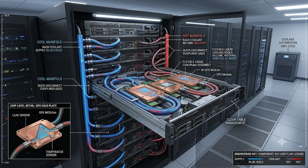 展示典型AI服务器液体冷却架构的示意图，包括CDU、集管、冷却软管和冷板